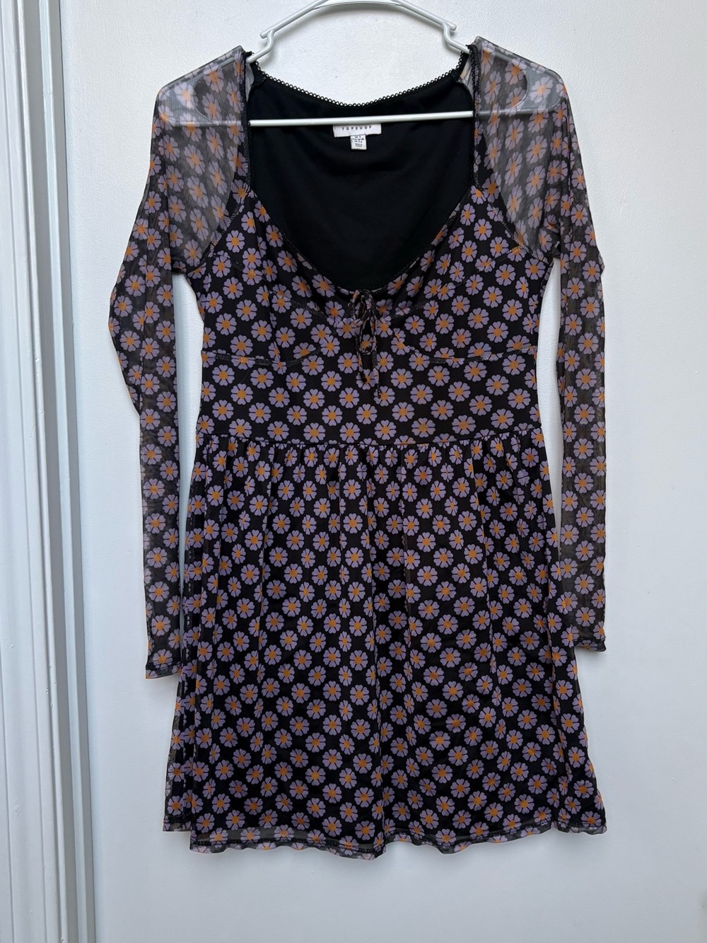 Topshop Black Long-Sleeve Mesh Floral A-Line Dress with Lilac Flowers